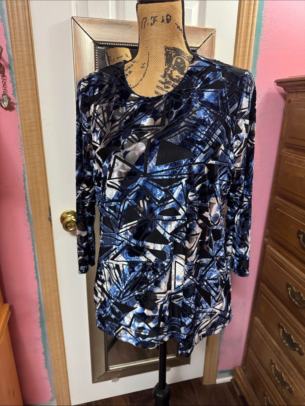 Allison Daley Blue and Black Abstract Long Sleeve Top